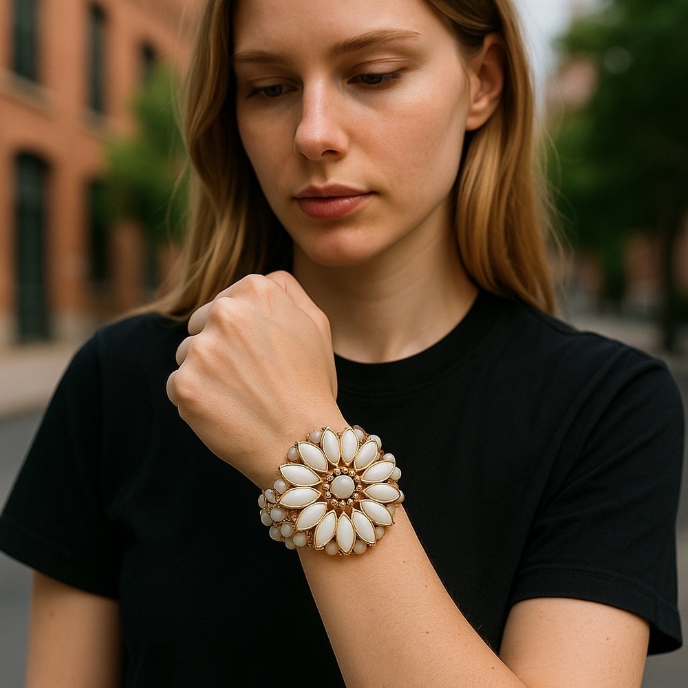 Elegant White and Gold Floral Stretch Bracelet